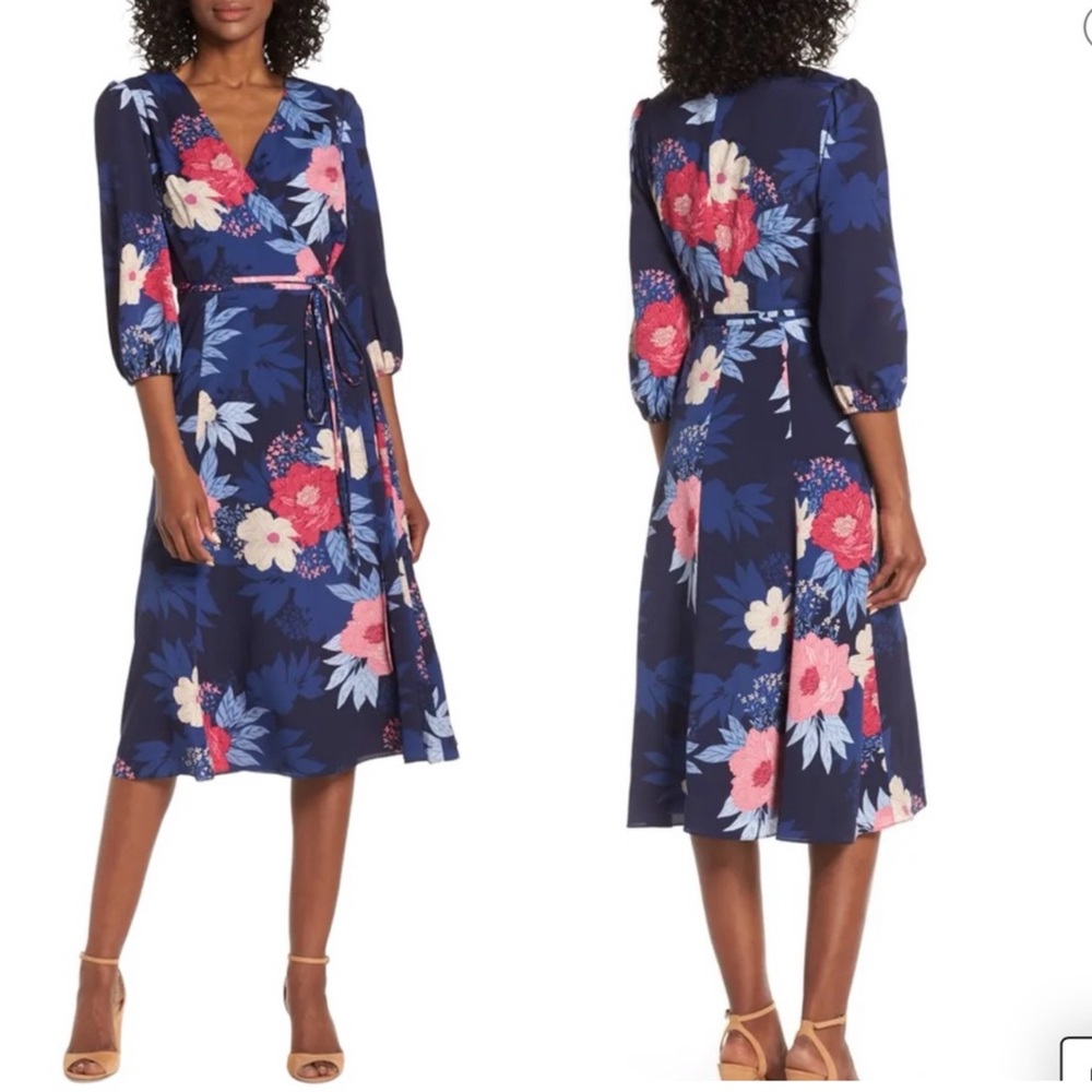 Eliza J Floral Printed Wrap Midi Dress Navy Womens 6